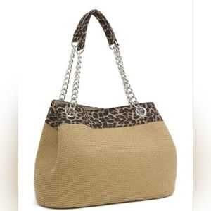 Stylish Straw Chain Shoulder Bag with Leopard Detail